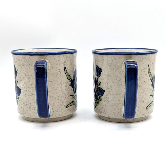 60s Stoneware Blue Flower Mugs Pair Speckled w/ Blue Trim Vintage Japan Otagiri? - Picture 8 of 11